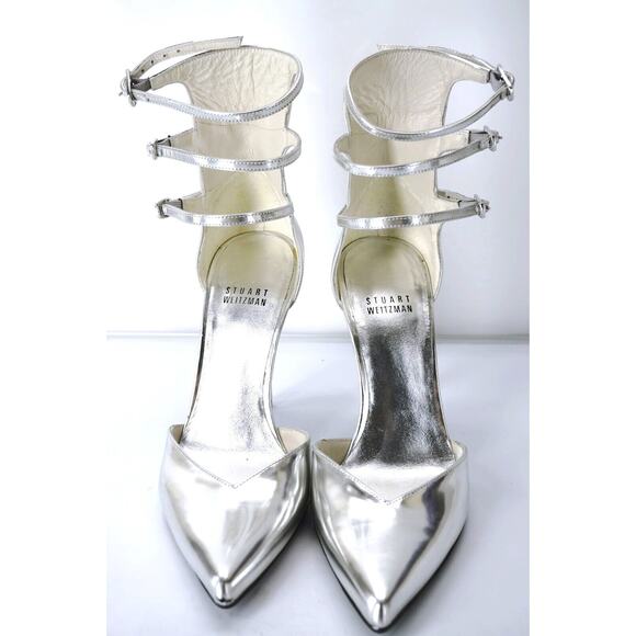 Stuart Weitzman Privacy Silver Pointy Toe Multi Ankle Strap Pumps Size 6.5 Wide - Picture 10 of 11